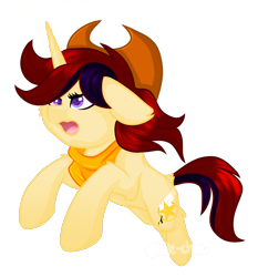 Size: 1080x1157 | Tagged: safe, artist:silentwolf-oficial, oc, oc only, oc:sherrine, pony, unicorn, hat, horn, neckerchief, open mouth, running, simple background, solo, transparent background, unicorn oc