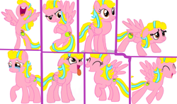 Size: 2807x1650 | Tagged: safe, artist:daisyrosepup16, oc, oc only, oc:caramella bravo, pegasus, pony, base used, bipedal, crying, expressions, female, flying, mare, open mouth, raised hoof, simple background, solo, tongue out, white background