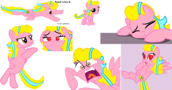 Size: 3675x1935 | Tagged: safe, artist:daisyrosepup16, oc, oc only, oc:caramella bravo, pegasus, pony, angry, base used, bipedal, boutique depression, bust, expressions, eyelashes, female, flying, frown, heart eyes, mare, open mouth, wingding eyes