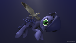 Size: 1280x720 | Tagged: safe, artist:batponyecho, oc, oc only, oc:halfmoon, bat pony, bird, pigeon, pony, 3d, bat pony oc, bat wings, cutie mark, flying, looking at you, simple background, solo, source filmmaker, tail, wings