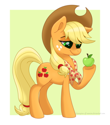 Size: 1050x1200 | Tagged: safe, artist:champion-of-namira, applejack, earth pony, pony, g4, apple, clothes, food, granny smith's shawl, hat, older, solo