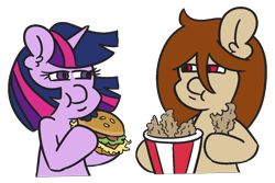 Size: 1200x800 | Tagged: safe, artist:threetwotwo32232, twilight sparkle, oc, oc:red stroke, alicorn, pegasus, pony, burger, female, food, kfc, mare, meat, ponies eating meat, simple background, transparent background