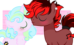 Size: 2598x1578 | Tagged: safe, artist:2pandita, oc, oc only, oc:red king, oc:sweet cream, earth pony, pony, unicorn, female, kissing, male, mare, stallion