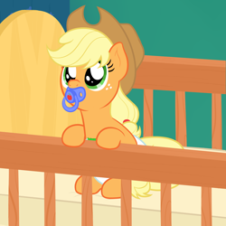 Size: 2000x2000 | Tagged: safe, artist:nitei, applejack, earth pony, pony, g4, abdl, adult foal, applejack's hat, cowboy hat, crib, cute, diaper, diaper fetish, female, fetish, hat, high res, jackabetes, non-baby in diaper, pacifier, show accurate, solo