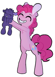 Size: 616x862 | Tagged: safe, artist:greyestgray, pinkie pie, oc, oc:frosting sprinkles, pony, unicorn, g4, baby, baby pony, bipedal, female, filly, holding a pony, mother and child, mother and daughter, offspring, parent:pinkie pie, simple background, transparent background