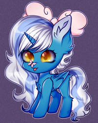 Size: 1060x1325 | Tagged: safe, artist:sinjour, oc, oc only, oc:fleurbelle, alicorn, butterfly, pony, adorabelle, alicorn oc, bow, chest fluff, chibi, cute, ear fluff, female, hair bow, horn, mare, simple background, solo, tongue out, wingding eyes, wings, yellow background