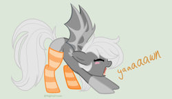 Size: 1900x1100 | Tagged: safe, artist:dreamy990, oc, oc only, oc:moonbite, bat pony, pony, base used, clothes, female, mare, simple background, socks, solo, striped socks, yawn