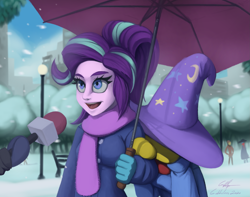 Size: 2317x1829 | Tagged: safe, artist:gabbslines, starlight glimmer, trixie, equestria girls, g4, bench, clothes, eyelashes, female, hat, lamppost, lesbian, meme, microphone, open mouth, scarf, ship:startrix, shipping, snow, snowfall, special feeling, trixie's hat, umbrella, winter