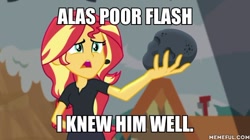 Size: 600x337 | Tagged: safe, edit, edited screencap, screencap, sunset shimmer, equestria girls, g4, my little pony equestria girls: better together, opening night, opening night: sunset shimmer, caption, hamlet, image macro, memeful.com, text