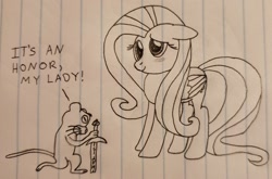 Size: 2072x1369 | Tagged: safe, anonymous artist, fluttershy, mouse, pegasus, pony, g4, dialogue, drawthread, duo, irl, kneeling, lined paper, monochrome, photo, redwall, requested art, sword, traditional art, weapon