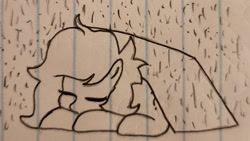 Size: 1717x966 | Tagged: safe, anonymous artist, oc, oc only, oc:filly anon, pony, box, drawthread, eyes closed, female, filly, homeless, lined paper, monochrome, rain, requested art, sleeping, solo, traditional art