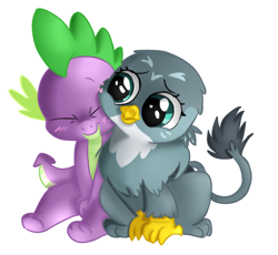 Size: 602x554 | Tagged: safe, artist:jbond, artist:tijopi, color edit, edit, gabby, spike, dragon, griffon, g4, chibi, colored, coloring, cute, duo, eyes closed, female, gabbybetes, male, painting, ship:spabby, shipping, simple background, snuggling, spikabetes, straight, white background