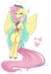 Size: 1280x1862 | Tagged: dead source, safe, artist:daniefox, angel bunny, fluttershy, pegasus, pony, rabbit, g4, animal, colored pupils, flower, looking at you, simple background, transparent background, watermark