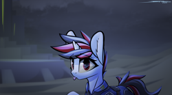 Size: 3840x2136 | Tagged: source needed, safe, artist:deafjaeger, oc, oc only, oc:blackjack, pony, unicorn, fallout equestria, fallout equestria: project horizons, :p, city, cityscape, clothes, ear fluff, fanfic, fanfic art, female, high res, hoofington, mare, mlem, raised hoof, silly, solo, the core, tongue out, wasteland
