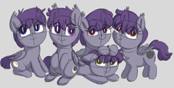 Size: 993x503 | Tagged: safe, artist:heretichesh, oc, oc only, bat pony, pony, brother and sister, colt, fangs, female, filly, group, lying down, male, moon cutie mark, pentuplets, prone, siblings, sisters, sitting, sketch, smiling
