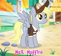 Size: 713x657 | Tagged: safe, gameloft, derpy hooves, pegasus, pony, g4, female, mailmare, mailmare uniform, mare, solo, that one nameless background pony we all know and love