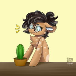 Size: 4000x4000 | Tagged: safe, artist:lazybread, oc, oc only, oc:nixie tube, earth pony, pony, cactus, chest fluff, coat markings, dappled, ear fluff, ears back, emanata, female, glasses, half bat pony, round glasses, solo, this ended in pain