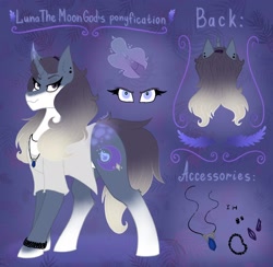 Size: 2118x2068 | Tagged: safe, artist:lunathemoongod, oc, oc only, pony, unicorn, accessory, eye, eyes, high res, magic, ponified, purple background, reference sheet, simple background, solo