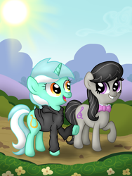 Size: 3024x4032 | Tagged: safe, artist:background basset, lyra heartstrings, octavia melody, earth pony, pony, unicorn, fanfic:background pony, g4, bowtie, chatting, clothes, dig the swell hoodie, duo, female, hoodie