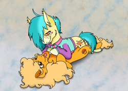 Size: 2480x1754 | Tagged: safe, artist:leeloo, oc, oc only, oc:ollie, oc:orange delight, earth pony, pony, clothes, couple, duo, female, hug, loving gaze, request, tongue out