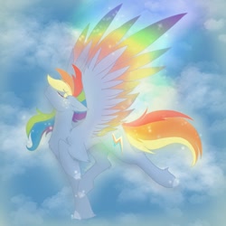 Size: 2048x2048 | Tagged: safe, artist:lunathemoongod, rainbow dash, pegasus, pony, g4.5, my little pony: pony life, cloud, colored wings, colored wingtips, female, glowing mane, high res, multicolored wings, rainbow wings, sky, solo, wings