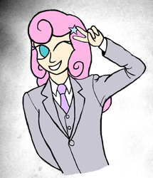 Size: 2103x2445 | Tagged: safe, artist:jesterofdestiny, twinkleshine, human, g4, clothes, digitally colored, dress shirt, high res, humanized, necktie, one eye closed, peace sign, smiling, solo, suit, three piece suit, traditional art, wink