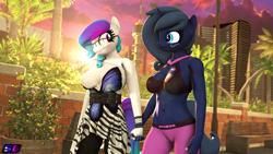 Size: 3840x2160 | Tagged: safe, artist:shadowboltsfm, oc, oc:aurora starling, oc:midnight music, anthro, plantigrade anthro, 3d, 4k, belly button, bench, bracelet, breasts, clothes, cute, daaaaaaaaaaaw, dress, eyelashes, glasses, high res, holding hands, jewelry, lens flare, midriff, palm tree, smiling, source filmmaker, sports bra, sunset, tree