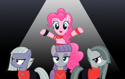 Size: 7125x4535 | Tagged: safe, artist:anime-equestria, limestone pie, marble pie, maud pie, pinkie pie, earth pony, pony, g4, angry, clothes, cosplay, costume, eyeshadow, group, happy, hoofband, light, looking at you, makeup, pie sisters, quartet, queen (band), ripped, siblings, sisters, smiling