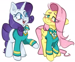 Size: 3000x2500 | Tagged: safe, artist:goshhhh, fluttershy, rarity, pegasus, pony, unicorn, filli vanilli, g4, blushing, cute, duo, female, floppy ears, high res, mare, ponytones outfit, redraw, simple background, white background