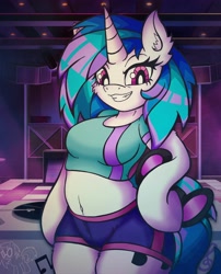 Size: 3304x4096 | Tagged: safe, artist:canvymamamoo, dj pon-3, vinyl scratch, unicorn, semi-anthro, g4, arm hooves, belly button, breasts, busty vinyl scratch, clothes, ear fluff, female, holding, looking down, mare, shirt, shorts, smiling, solo, sunglasses, turntable