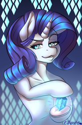 Size: 1650x2500 | Tagged: safe, artist:ellynet, rarity, pony, unicorn, semi-anthro, g4, abstract background, arm hooves, diamond, solo