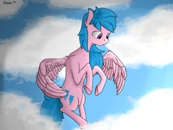 Size: 2000x1500 | Tagged: safe, artist:uteuk, firefly, pegasus, pony, g1, cloud, female, flying, mare, sky, solo, wings