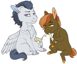 Size: 975x807 | Tagged: safe, artist:icicle-niceicle-1517, artist:malinraf1615, color edit, edit, button mash, rumble, earth pony, pegasus, pony, g4, bandage, chest fluff, collaboration, colored, colt, ear fluff, gay, hoof hold, injured, leg fluff, male, missing cutie mark, mouth hold, raised hoof, ship:rumblemash, shipping, simple background, sitting, transparent background, tsundere, unshorn fetlocks
