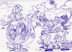 Size: 2158x1553 | Tagged: safe, artist:spongefox, applejack, fluttershy, pinkie pie, rainbow dash, rarity, spike, twilight sparkle, rabbit, zbornak, anthro, g4, animal, basket, cloud, crossover, cute, daaaaaaaaaaaw, excited, excitement, fainting couch, mane six, picnic basket, picnic blanket, simple background, sun, sunglasses, sylvia (wander over yonder), tanning mirror, traditional art, wander (wander over yonder), wander over yonder, wide eyes