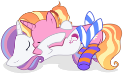 Size: 3155x1900 | Tagged: safe, alternate version, artist:unichan, luster dawn, potion nova, pony, unicorn, g4, g4.5, my little pony: pony life, clothes, commission, eyes closed, female, g4.5 to g4, generation leap, hug, kissing, lesbian, lusternova, lying down, mare, on back, raised hoof, raised leg, shipping, simple background, sleeping, socks, striped socks, transparent background, vector, ych result