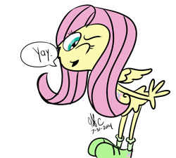 Size: 1000x900 | Tagged: safe, artist:spongefox, fluttershy, anthro, g4, crossover, cute, eyebrows, flutteryay, one eye closed, small wings, solo, speech bubble, wander over yonder, wings, wink