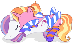 Size: 3155x1900 | Tagged: safe, alternate version, artist:unichan, luster dawn, potion nova, pony, unicorn, g4, g4.5, my little pony: pony life, clothes, commission, eyes closed, female, g4.5 to g4, generation leap, hug, kissing, lesbian, lusternova, lying down, mare, on back, raised hoof, raised leg, shipping, show accurate, simple background, sleeping, socks, striped socks, transparent background, vector, ych result