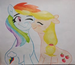 Size: 2120x1836 | Tagged: safe, applejack, rainbow dash, earth pony, pegasus, pony, g4, blushing, female, lesbian, nuzzling, photo, ship:appledash, shipping, traditional art