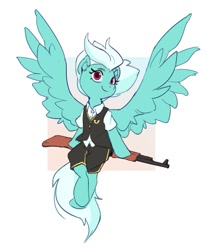 Size: 577x680 | Tagged: safe, artist:luciferamon, fleetfoot, pegasus, pony, g4, clothes, ear fluff, female, gun, mare, pants, rifle, sitting, solo, spread wings, weapon, wings