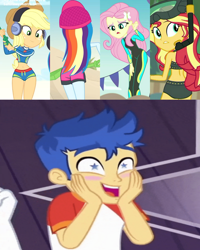 Size: 2048x2561 | Tagged: safe, edit, edited screencap, screencap, applejack, flash sentry, fluttershy, rainbow dash, sunset shimmer, aww... baby turtles, equestria girls, equestria girls series, g4, lost and found, spring breakdown, too hot to handle, unsolved selfie mysteries, applejack's beach shorts swimsuit, applejack's hat, ass, belly button, bunset shimmer, butt, cowboy hat, female, flashdash, flashjack, flutterflash, hat, high res, male, midriff, rainbutt dash, ship:flashimmer, shipping, shipping domino, starry eyes, straight, sunset shimmer's beach shorts swimsuit, wetsuit, wingding eyes