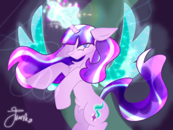 Size: 800x600 | Tagged: safe, artist:php163, starlight glimmer, alicorn, pony, unicorn, g4, alicornified, alternate hairstyle, artificial wings, augmented, chest fluff, female, floppy ears, flowing mane, glowing horn, horn, lidded eyes, magic, magic aura, magic wings, mare, no mouth, race swap, rearing, s5 starlight, signature, solo, starlicorn, this will end in communism, wings
