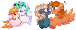 Size: 3800x1500 | Tagged: safe, artist:mirtash, oc, oc only, oc:dawn daze, oc:maple parapet, earth pony, pegasus, pony, unicorn, boop, chest fluff, flower, flower in hair, heart, heart eyes, hug, male, noseboop, simple background, stallion, tongue out, white background, wingding eyes