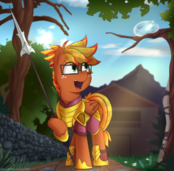 Size: 5100x5000 | Tagged: safe, artist:felixf, oc, oc only, oc:blaze fury, oc:slimey, pegasus, pony, slime monster, abstract background, armor, disguise, duo, flower, glasses, grass, pathway, royal guard, slime, slime ball, spear, sunshine, town, village, weapon