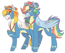Size: 2700x2200 | Tagged: safe, artist:monnarcha, rainbow dash, oc, oc:sun up, pegasus, pony, g4, alternate hairstyle, clothes, duo, ear fluff, ear piercing, earring, female, goggles, grin, high res, hoof hold, jewelry, mare, medal, piercing, raised hoof, simple background, smiling, transparent background, uniform, wonderbolts, wonderbolts uniform