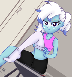 Size: 1864x1976 | Tagged: safe, artist:charliexe, artist:laaaaara, oc, oc only, oc:freezing blizzard, equestria girls, g4, annoyed, base used, blue eyes, changing clothes, clothes, compression shorts, equestria girls-ified, freckles, getting dressed, highlights, locker room, looking at you, multicolored hair, partially undressed, sexy, shorts, socks, solo, sports bra, stocking feet, thigh highs, tomboy