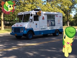 Size: 3264x2448 | Tagged: safe, artist:topsangtheman, gameloft, apple fritter, earth pony, pony, g4, apple family member, augmented reality, high res, ice cream truck, irl, looking at you, photo, ponies in real life, solo
