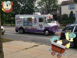 Size: 3264x2448 | Tagged: safe, artist:topsangtheman, golden hooves (g4), earth pony, pony, g4, high res, ice cream truck, irl, minecart, photo, ponies in real life, solo