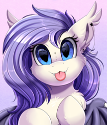 Size: 1722x2003 | Tagged: safe, artist:pridark, oc, oc only, oc:star violet, bat pony, pony, :3, :p, bat pony oc, bat wings, bust, commission, cute, cute little fangs, ear piercing, fangs, female, looking at you, piercing, portrait, solo, tongue out, weapons-grade cute, wings