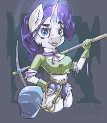 Size: 3048x3500 | Tagged: safe, artist:paskylizart, rarity, unicorn, anthro, g4, belly button, breasts, cleavage, clothes, gloves, glowing horn, helmet, high res, horn, jeans, lipstick, pants, pickaxe, rope
