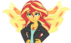 Size: 1024x626 | Tagged: safe, artist:emeraldblast63, artist:imdrunkontea, sunset shimmer, equestria girls, g4, female, fiery shimmer, fiery wings, geode of empathy, magical geodes, redraw, simple background, smiling, smirk, solo, sunset phoenix, transparent background, wings